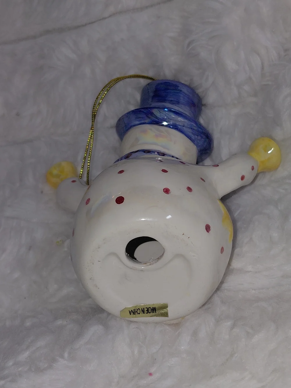 Hand-Painted Vintage Ceramic Snowman Ornament - Blue Hat & Scarf